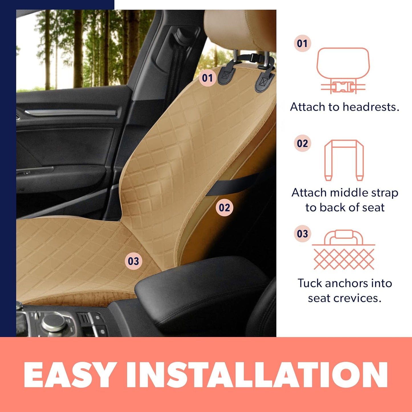 Dog Car Seat Cover, Waterproof Front Seat Protector for SUV Truck Sedan, Pet Safety Travel Comfort System with Universal Fit, Beige