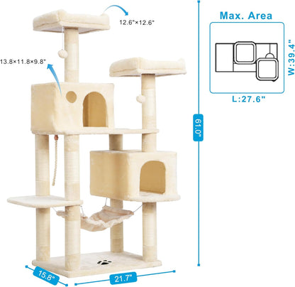 Large Multi-Level Cat Tree Condo Furniture with Sisal-Covered Scratching Posts, 2 Bigger Plush Condos, Perch Hammock for Kittens, Cats and Pets Beige MPJ020M