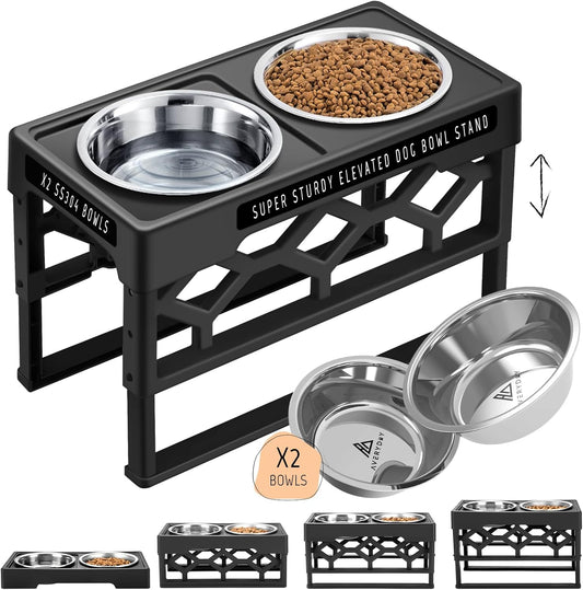 Large Dog Bowls Elevated, 4 Height Adjustable Raised Dog Bowl Stand with 2 Stainless Steel Food and Water Bowls Set, Tall Dogs Feeding Station with Anti-Slip Base for Medium Large Breeds Dogs