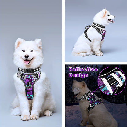 Dog Harness No Pull, Pet Harnesses with Dog Collar, Adjustable Reflective Oxford Outdoor Vest, Front/Back Leash Clips for Small, Medium, Large, Extra Large Dogs, Easy Control Handle for Walking