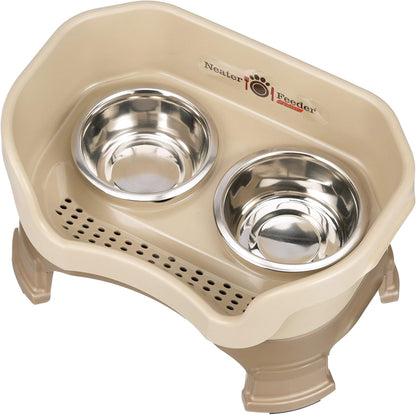 Neater Feeder Deluxe Mess Proof Dog Bowls Elevated for Small Breeds – Made in USA – No Spill Raised Dog Food Bowl Stand W/Leg Extensions – Stainless Steel Dog Food and Water Bowl Set – Beige