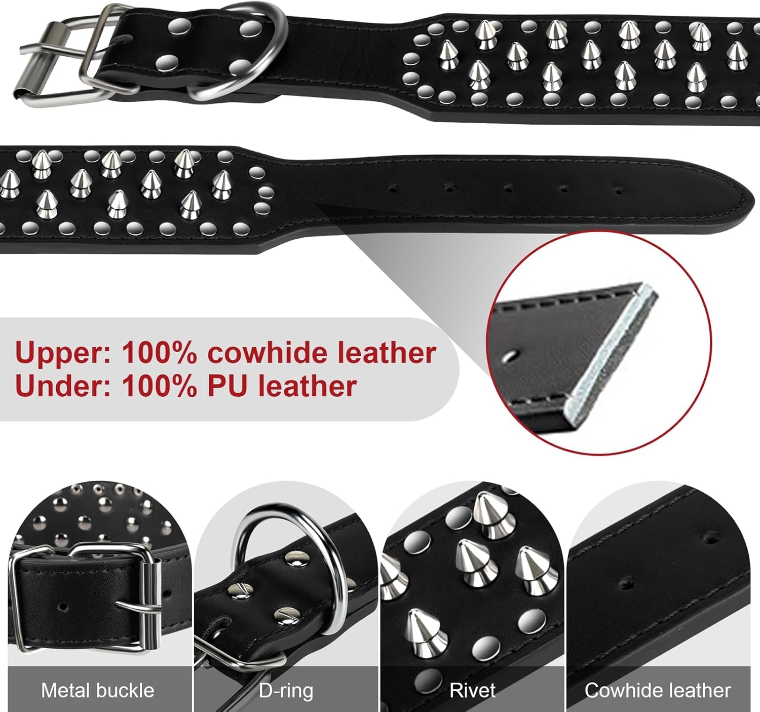 Dog Collar Leather Studded Collar with Spikes for Large Medium Dogs,2" Width(Black,S)