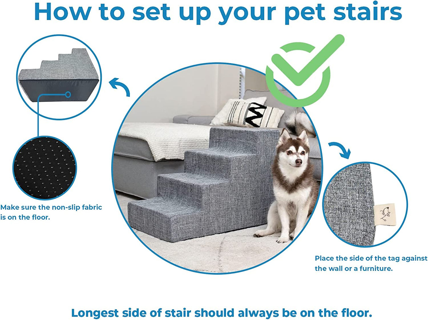 Foldable Foam Pet Steps for Small Dogs & Cats, Portable Ramp Stairs for Couch, Sofa & High Bed Climbing, Non-Slip Balanced Step Support, Paw Safe - Gray Lattice, 3-Step (H: 16.5")