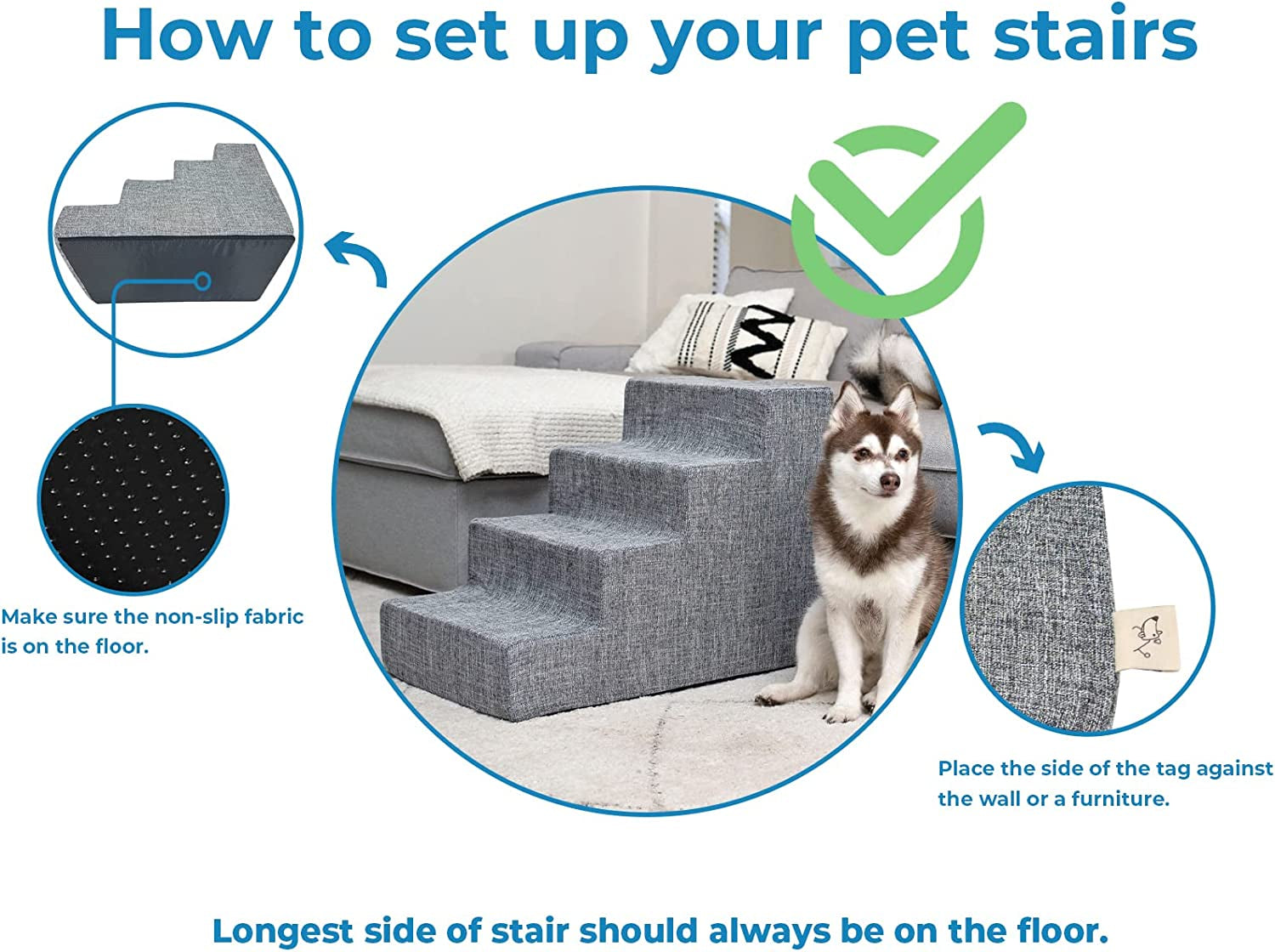 Foldable Foam Pet Steps for Small Dogs & Cats, Portable Ramp Stairs for Couch, Sofa & High Bed Climbing, Non-Slip Balanced Step Support, Paw Safe - Gray Lattice, 3-Step (H: 16.5")