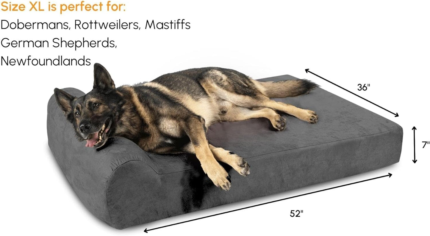 Orthopedic Dog Bed W/Headrest - 7” Dog Bed for Large Dogs W/Washable Microsuede Cover - Elevated Dog Bed Made in the USA W/ 10-Year Warranty (Headrest, XL, Charcoal Gray)