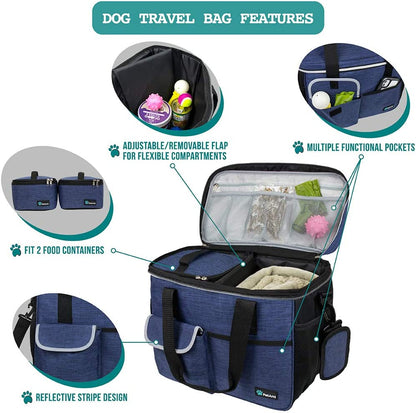 Dog Travel Bag, Travel Pet Bag Organizer, Dog Food Travel Bag with Food Container and Bowls, Dog Travel Supplies Gift Accessories for Weekend Camping, Dog Cat Diaper Bag (Navy, Medium)