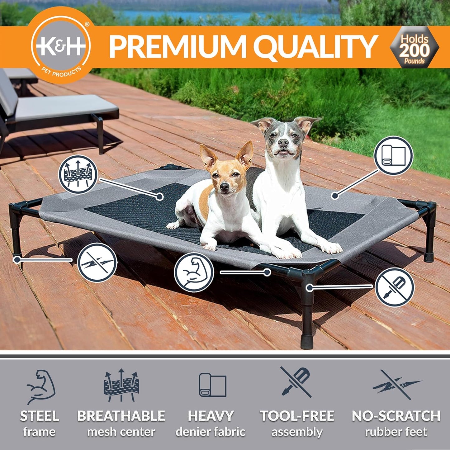 Outdoor Elevated Dog Cot, Breathable Cooling Elevated Cot Hammock Pet Bed for Large Dogs, Washable Mesh Cover, Raised Metal Frame, Collapsible, Portable - Large 42 X 30In Gray