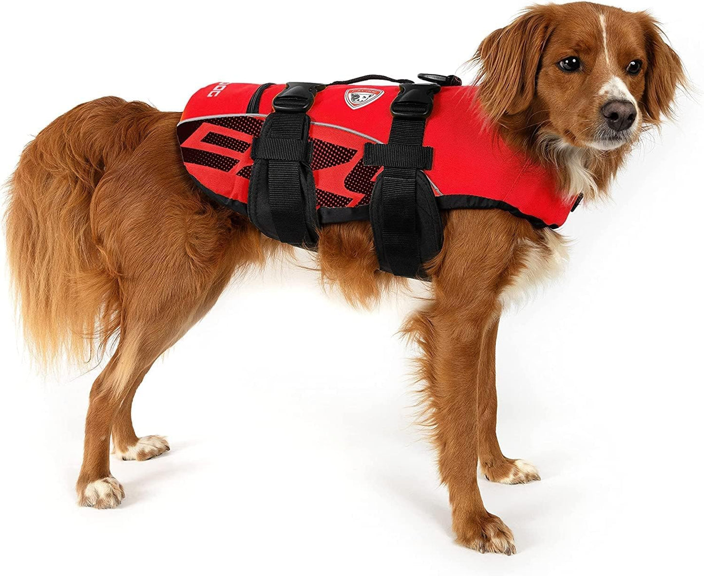 DFD Dog Life Jacket - Adjustable Swimming Safety Vest with Reflective Trim & Durable Grab Handle - 50% More Flotation Material - Small, Red