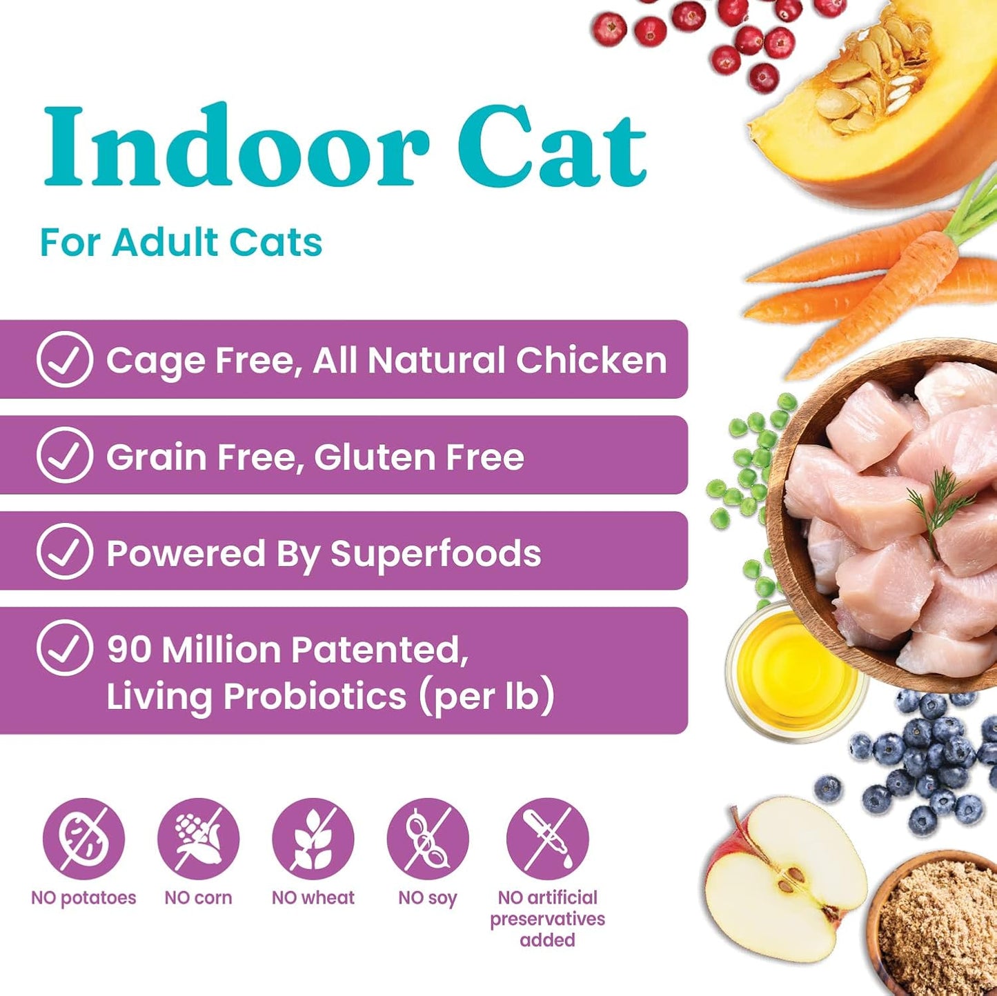 Indoor Dry Cat Food - Let'S Stay in Cat Food Dry Kibble for Indoor Cats - Hairball & Sensitive Stomach - Grain & Gluten Free - Probiotics & Fiber for Digestive Health - Chicken - 12Lb