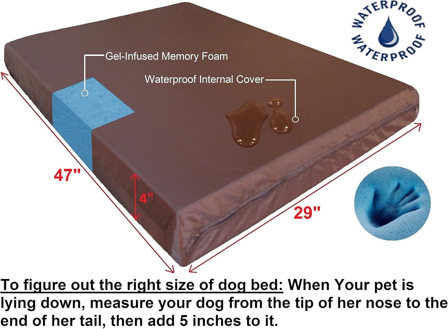 XL Orthopedic Memory Foam Dog Bed with Machine Washable Cover, Waterproof Lining for Medium to Large Pet, 47X29X4 Pad Fit 48X30 Crate