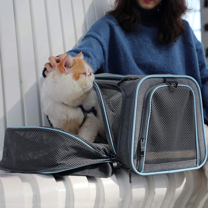 Expandable Cat Carrier Dog Carriers,Airline Approved Soft-Sided Portable Pet Travel Washable Carrier for Kittens,Puppies,Removable Soft Plush Mat and Pockets,Locking Safety Zippers