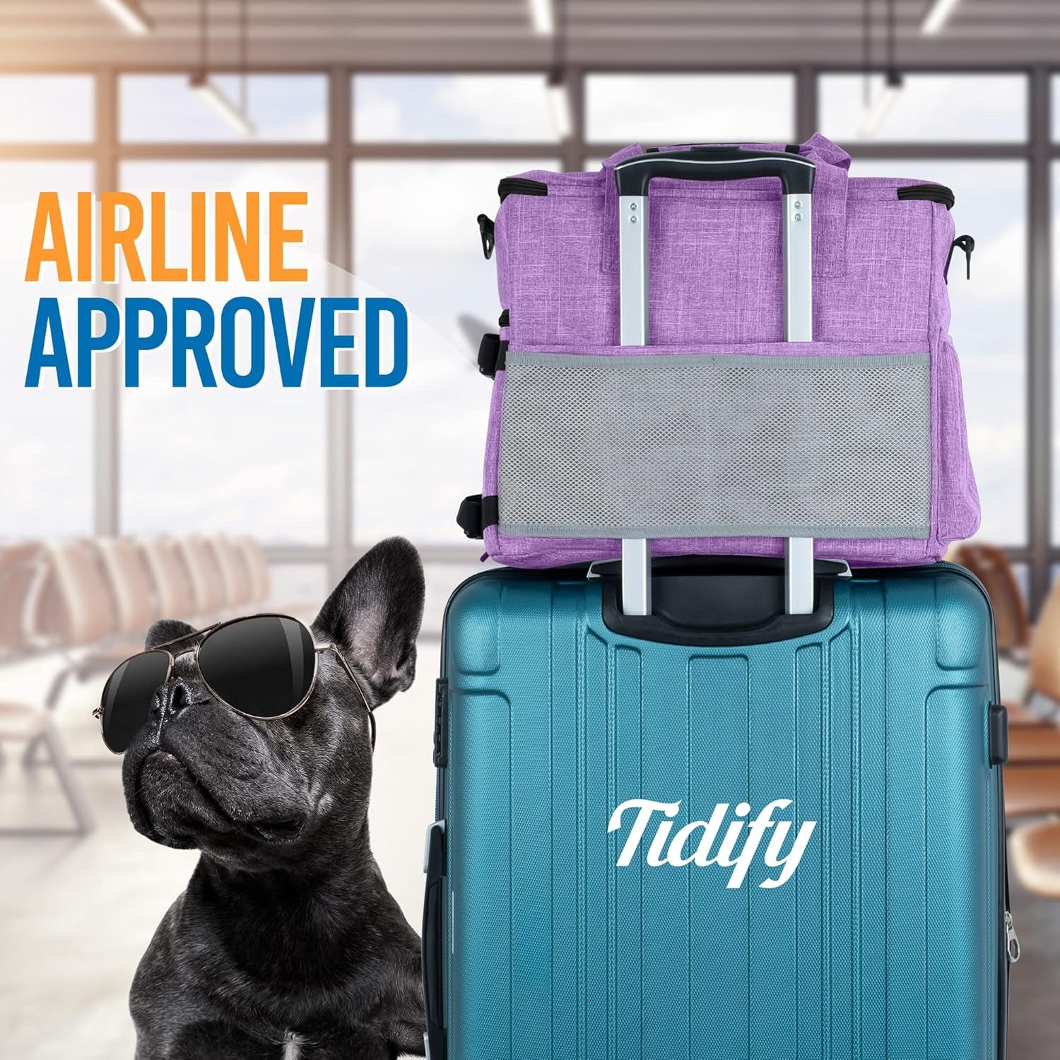 Dog Travel Bag Airline Approved Travel Set for Dog and Cat Tote Organizer with Multi Function Pockets, 2 Food Containers and Collapsible Bowls, Weekend Away Dog Bag for Travel Accessories - Purple