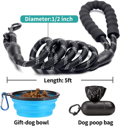 2 Pack Dog Leash 5 FT Heavy Duty - Comfortable Padded Handle - Reflective Dog Leash for Medium Large Dogs with Collapsible Pet Bowl