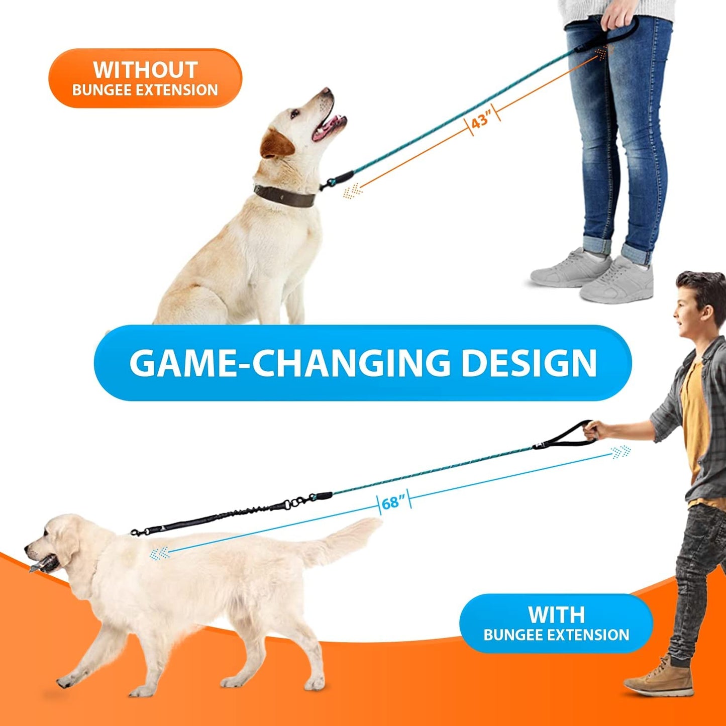 Heavy Duty Rope Bungee Leash for Large and Medium Dogs with Anti-Pull for Shock Absorption - No Slip Reflective Leash for outside (Teal, Bungee Leash- 5.5 Ft)