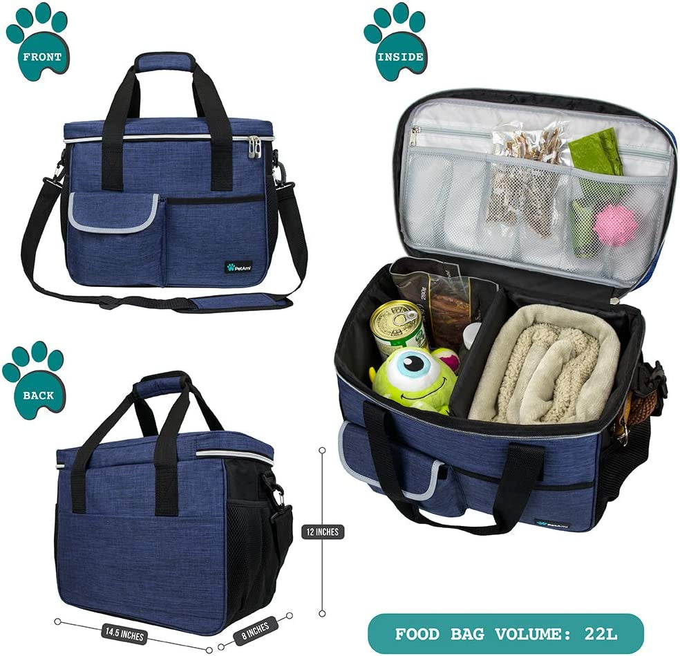 Dog Travel Bag, Travel Pet Bag Organizer, Dog Food Travel Bag with Food Container and Bowls, Dog Travel Supplies Gift Accessories for Weekend Camping, Dog Cat Diaper Bag (Navy, Medium)