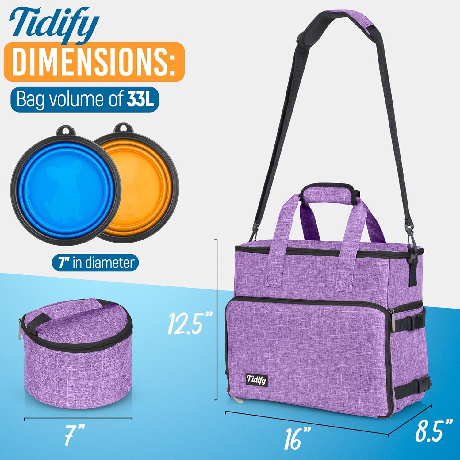 Dog Travel Bag Airline Approved Travel Set for Dog and Cat Tote Organizer with Multi Function Pockets, 2 Food Containers and Collapsible Bowls, Weekend Away Dog Bag for Travel Accessories - Purple