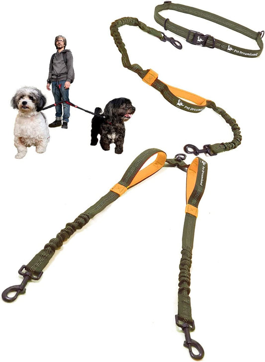 Hands Free Double Dog Leash for Medium Dogs - Dual Leash - No Tangle - Khaki & Orange