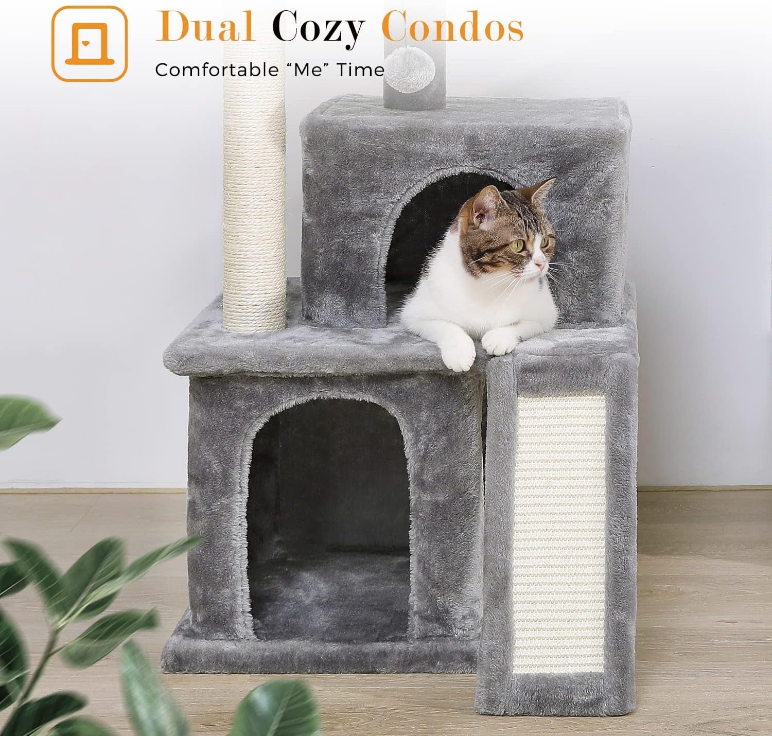 34 Inches Cat Tree Multilevel Cat Tower with Double Condos, Spacious Perch, Fully Wrapped Scratching Sisal Post and Replaceable Dangling Balls Gray