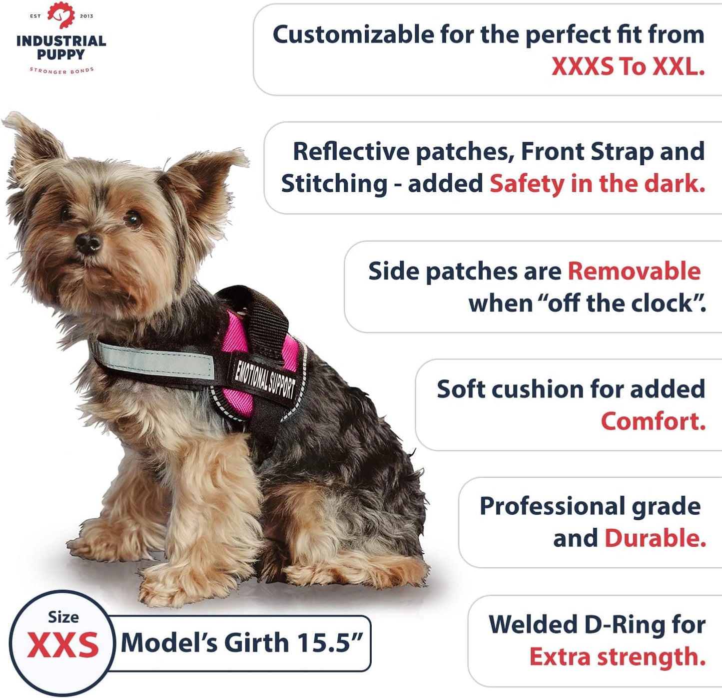 Emotional Support Dog Vest Harness with Reflective Straps, Interchangeable Patches, & Top Handle - ESA Dog Vest in 8 Sizes - Heavy Duty Emotional Support Dog Harness for Working Dogs (Pink, XXS)