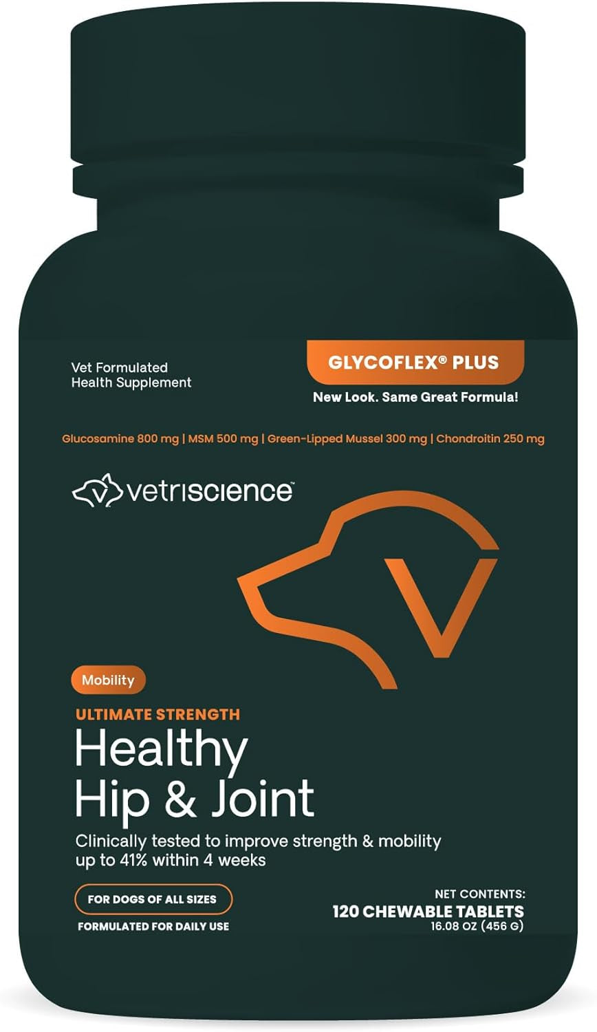 Ultimate Strength Healthy Hip & Joint Tablets, Glycoflex Glucosamine, Chondroitin & Green-Lipped Mussel Joint Support Supplement for Dogs, Soothe Joint Discomfort, 120 Chewable Tablets