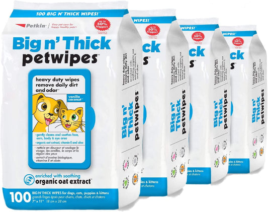 Pet Wipes for Dogs and Cats, 400 Wipes - Large Pet Wipes for Dogs and Cats - Cleans Ears, Face, Butt, Body and Eye Area - Convenient, Ideal for Home or Travel - 4 Packs of 100 Wipes