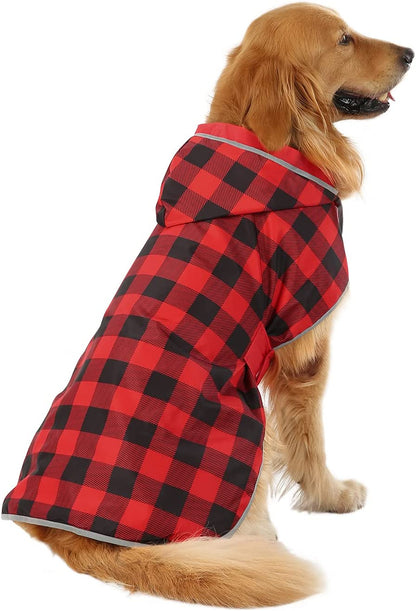 Reversible Dog Raincoat Hooded Slicker Poncho Rain Coat Jacket for Small Medium Large Dogs Buffalo Plaid Red - L