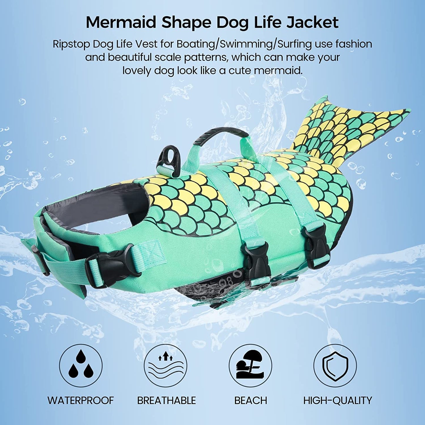 Dog Life Jacket, Adjustable Dog Life Vests Pet Life Preserver with Rescue Handle for Small Medium Large Dogs, Safety Lifesaver High Visibility Dog Swimsuit for Swimming Boating, Green Mermaid M