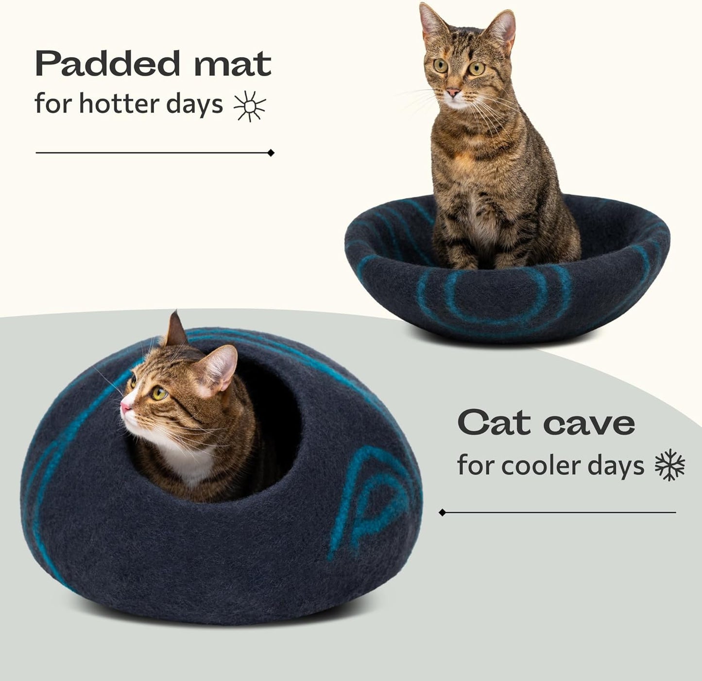 Cat Cave – Premium Felt Cat Bed for Indoor Cats, Handmade 100% Merino Wool (Dark Shades) (Large, Black Aqua)