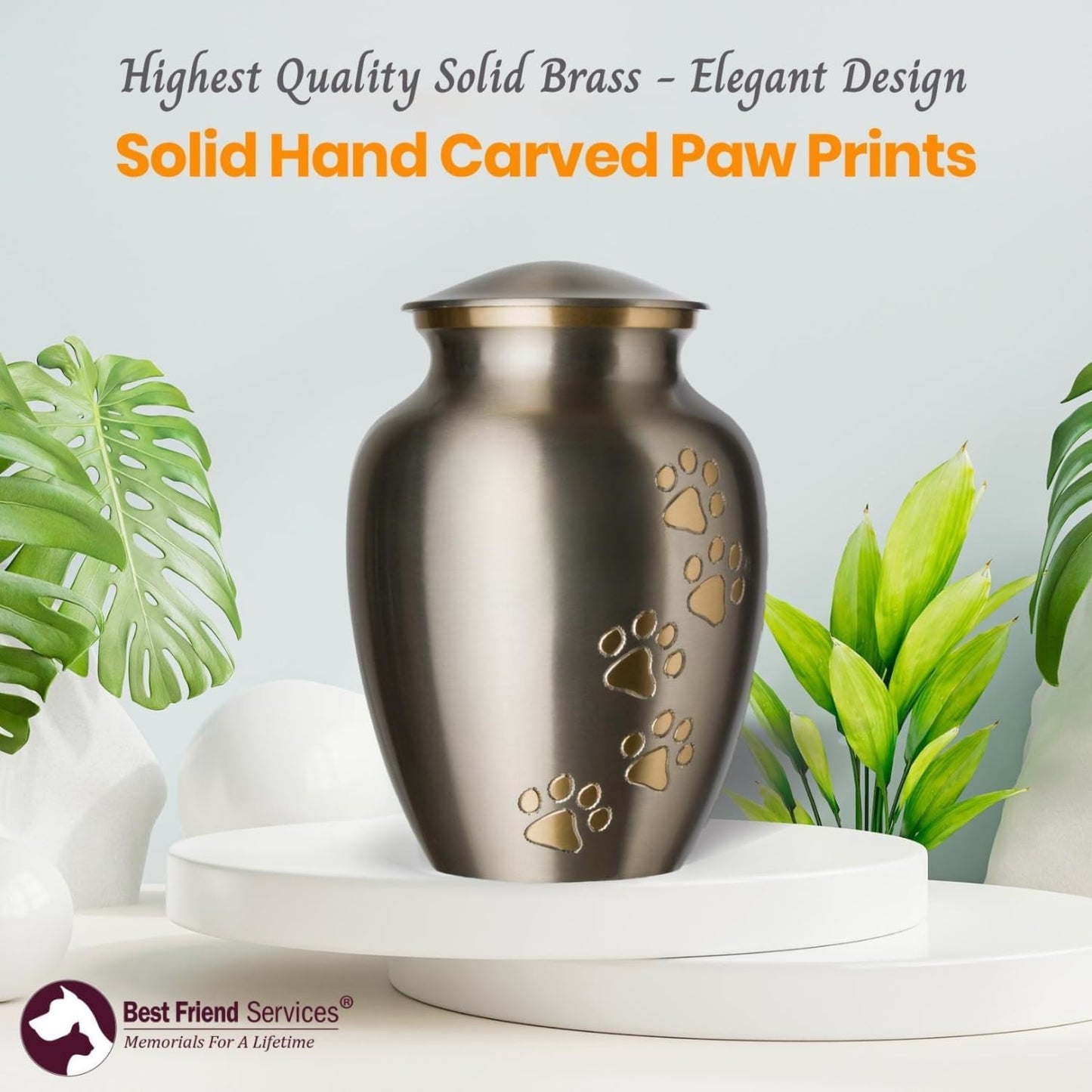 Pet Urn - Ottillie Paws Legacy Memorial Pet Cremation Urns for Dogs and Cats Ashes Hand Carved Brass Memory Keepsake Urn (Pewter, Vertical, Brass, Small)