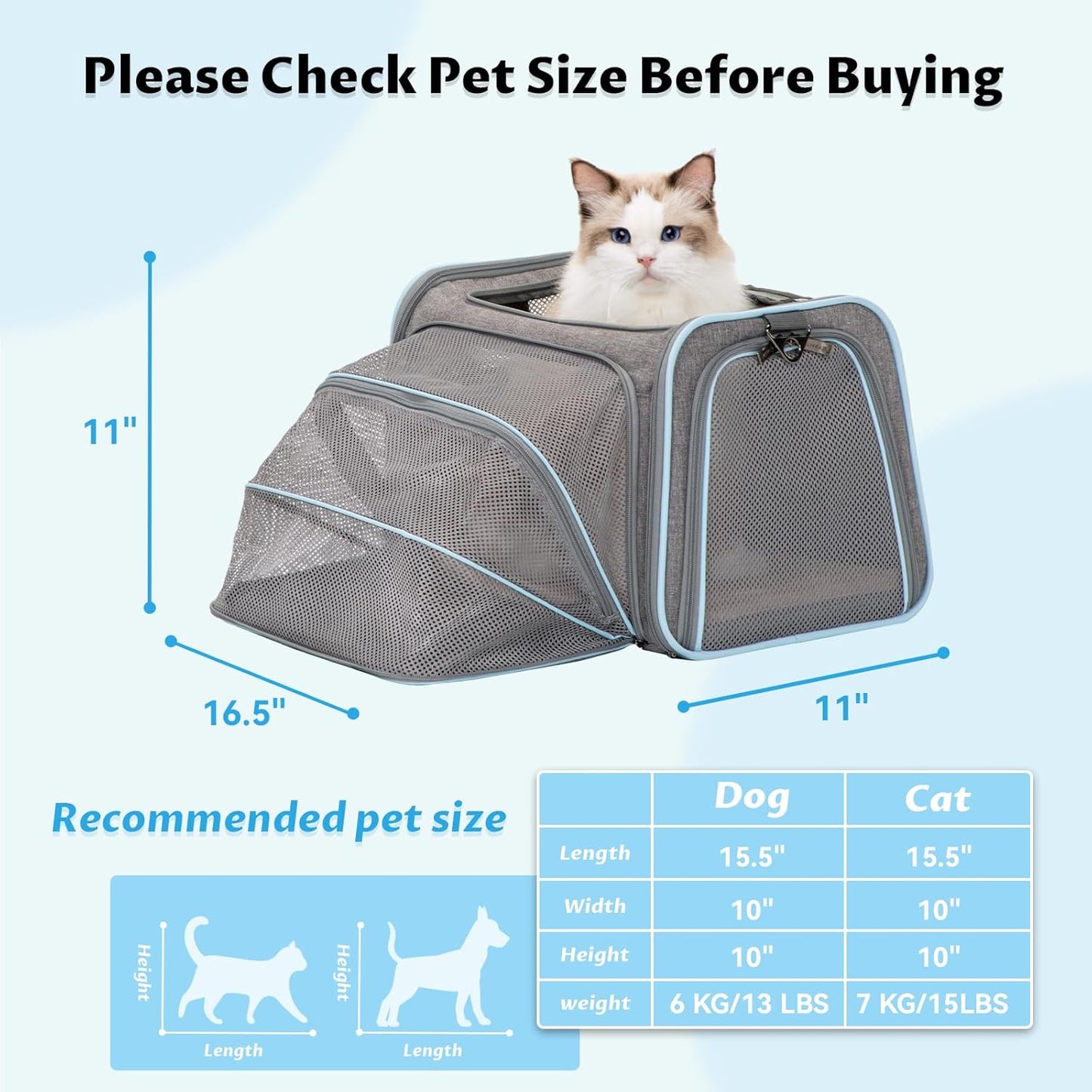 Expandable Cat Carrier Dog Carriers,Airline Approved Soft-Sided Portable Pet Travel Washable Carrier for Kittens,Puppies,Removable Soft Plush Mat and Pockets,Locking Safety Zippers