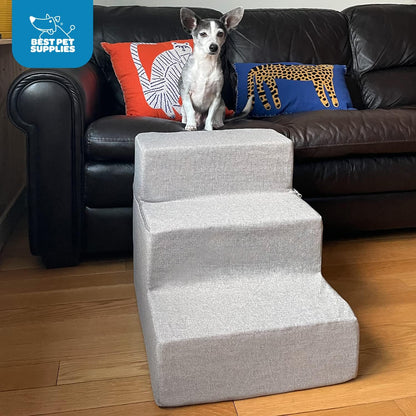 Foldable Foam Pet Steps for Small Dogs & Cats, Portable Ramp Stairs for Couch, Sofa & High Bed Climbing, Non-Slip Balanced Step Support, Paw Safe - Gray Lattice, 3-Step (H: 16.5")