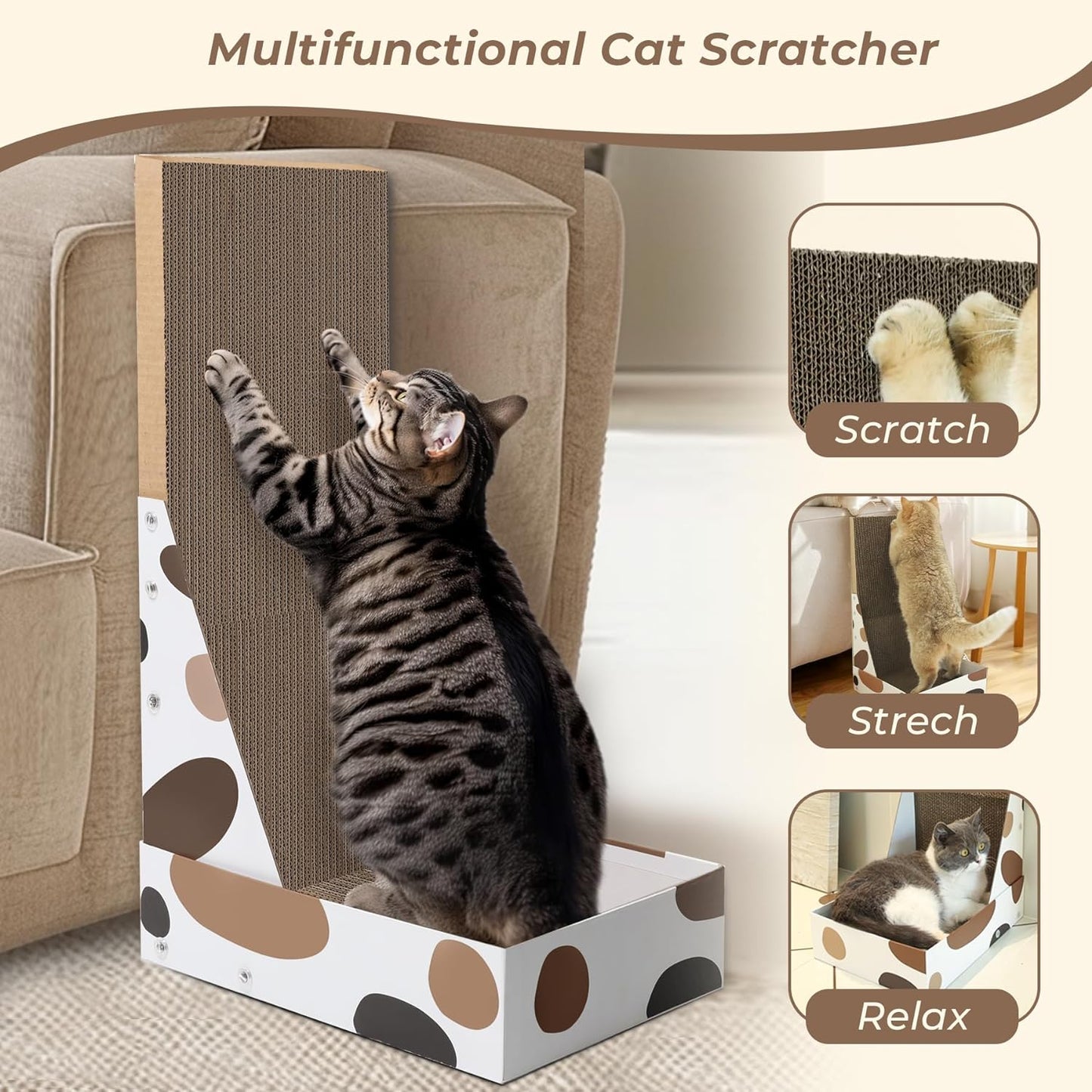 Cat Scratching Board, Vertical Cat Scratcher for Indoor Cats, L Shaped Cat Wall Scratcher, Cardboard Cat Scratch Pad Lounger with Box Collecting Scraps, Protect Furniture Couch