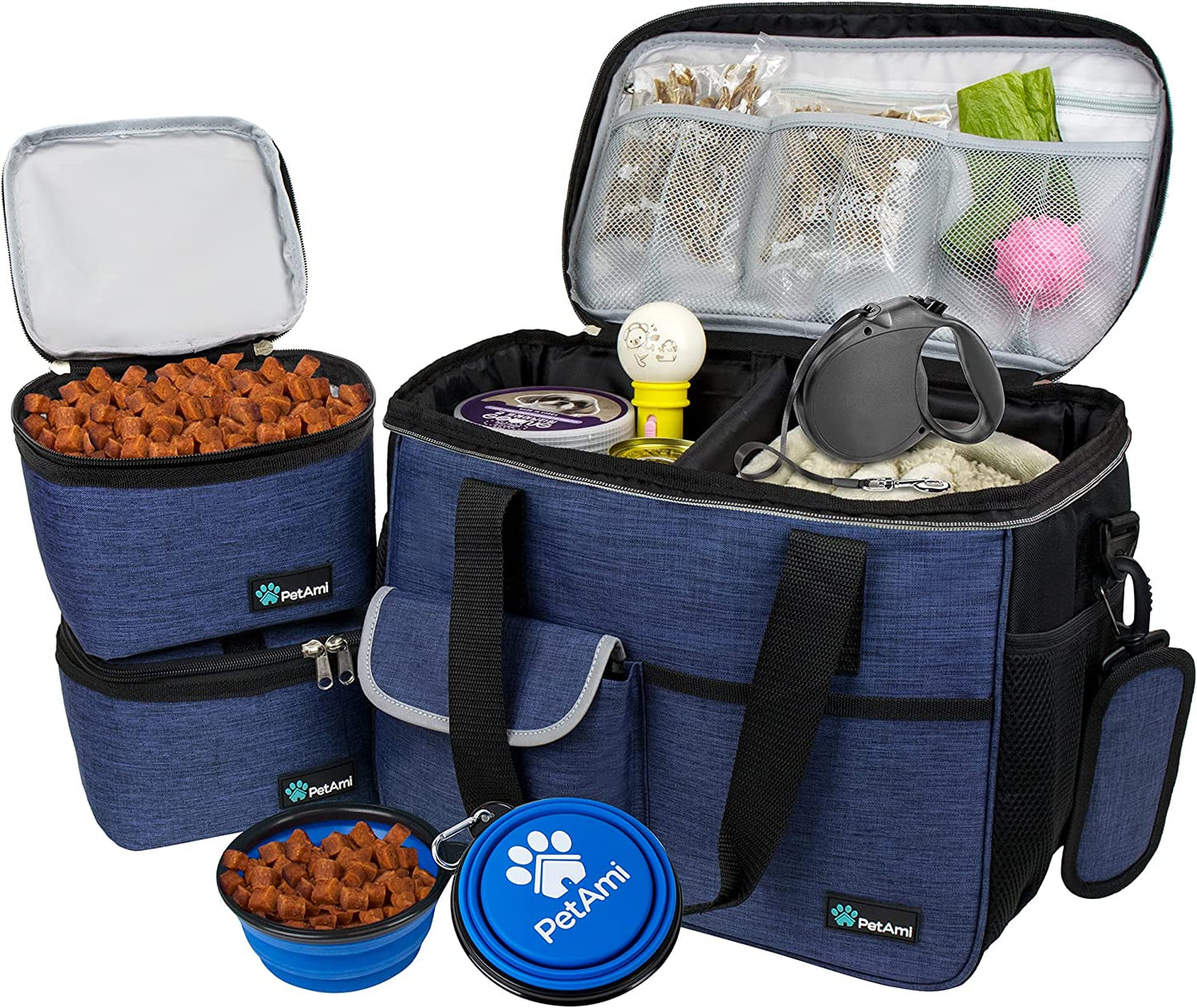 Dog Travel Bag, Travel Pet Bag Organizer, Dog Food Travel Bag with Food Container and Bowls, Dog Travel Supplies Gift Accessories for Weekend Camping, Dog Cat Diaper Bag (Navy, Medium)