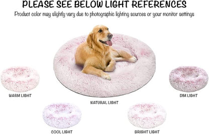 Donut Dog Bed Faux Fur Fluffy Calming Sofa for Medium Dogs, Soft & Plush anti Anxiety Pet Couch for Dogs, Machine Washable Coco Pet Bed with Non-Slip Bottom, 30"X30"X7" Pink