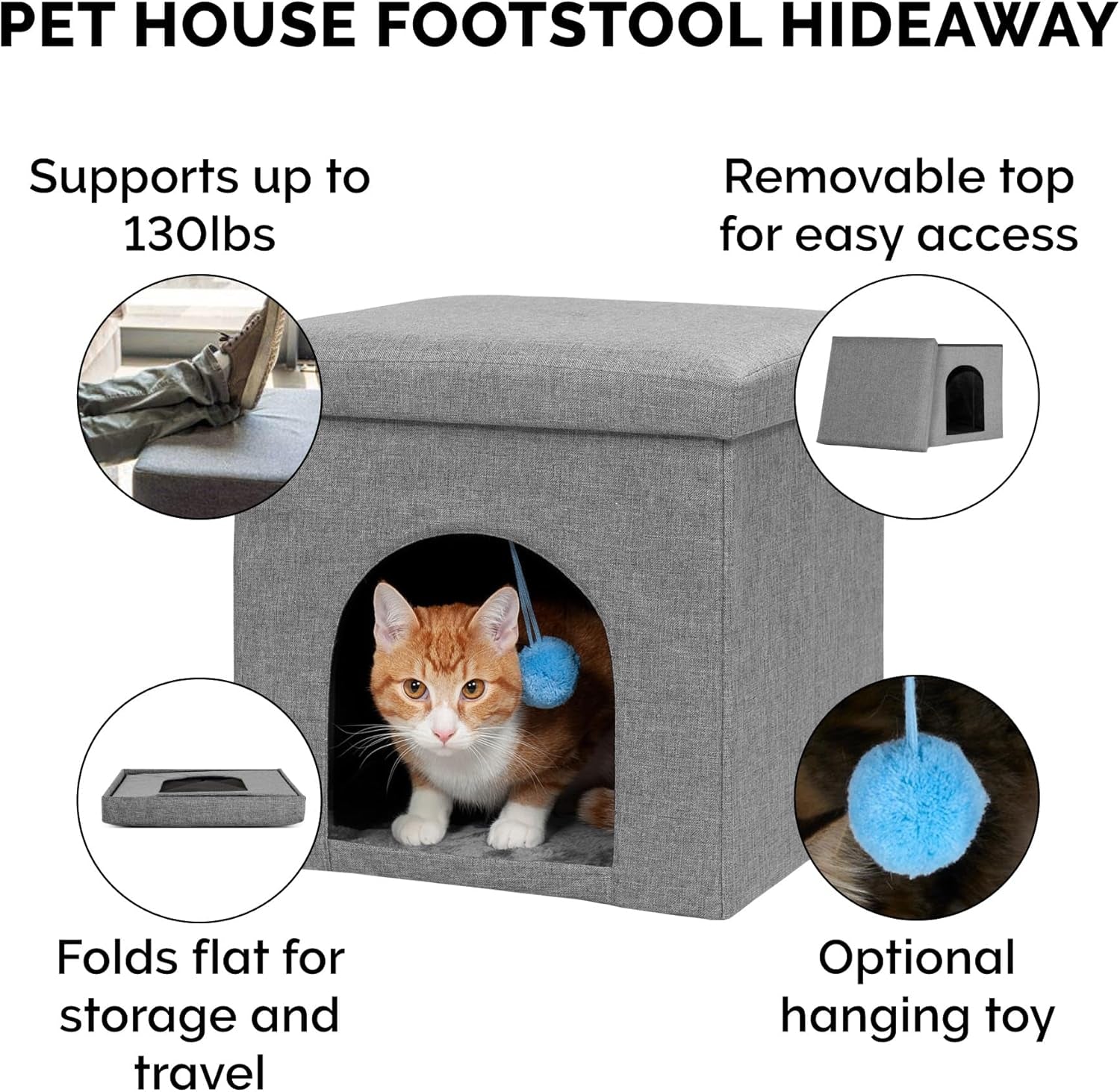 Pet House for Indoor Cats & Small Dogs, Collapsible & Foldable W/ Plush Ball Toy - Living Room Footstool Cat Condo - Stormy Gray, Small