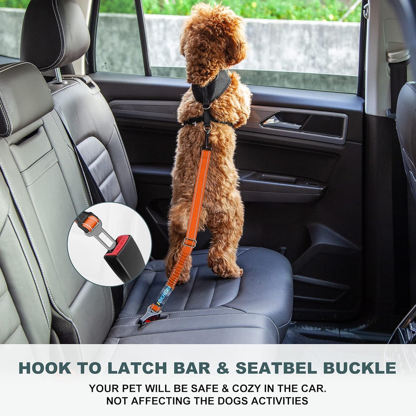 Dog Seat Belt 3-In-1 Car Harness for Dogs Adjustable Safety Seatbelt for Car Durable Nylon Reflective Bungee Fabric Tether with Clip Hook Latch & Buckle, Swivel Zinc Alloy Carabiner (Orange)