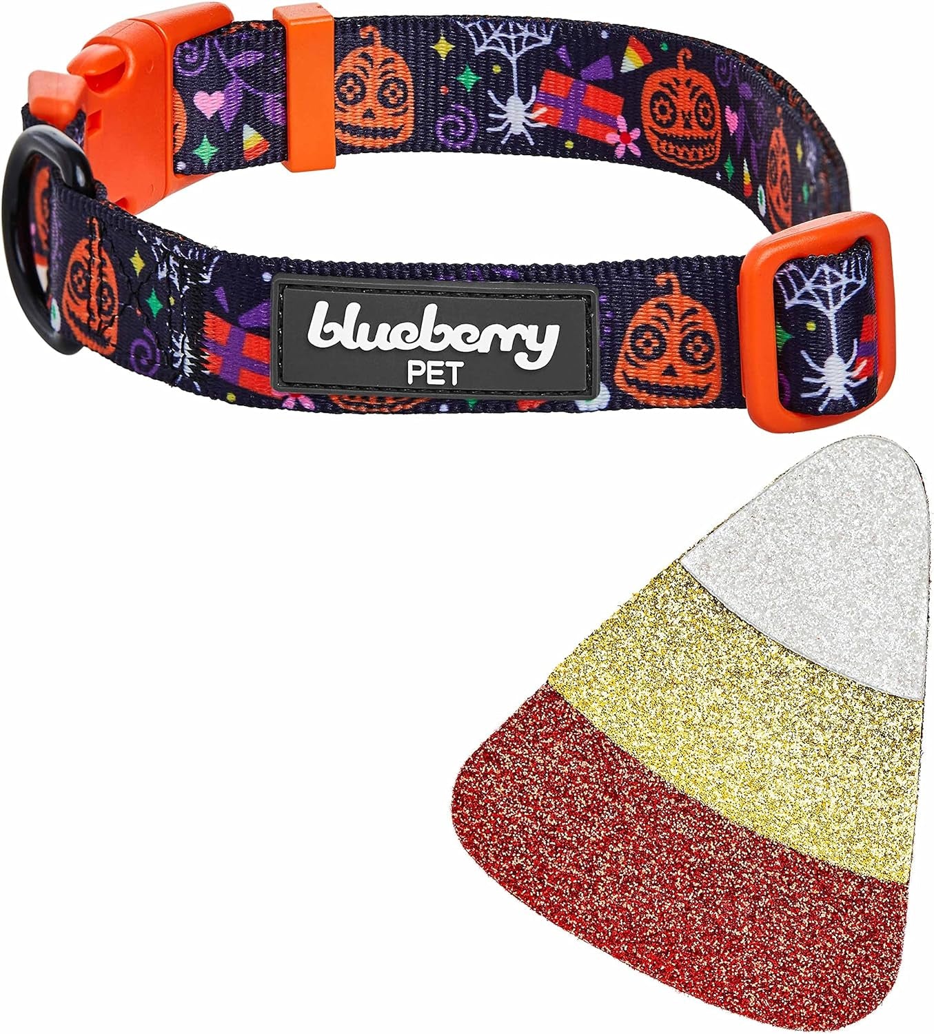 Halloween Candy Corn Adjustable Dog Collar with Detachable Glitter Accessory, Small, Neck 12"-16"