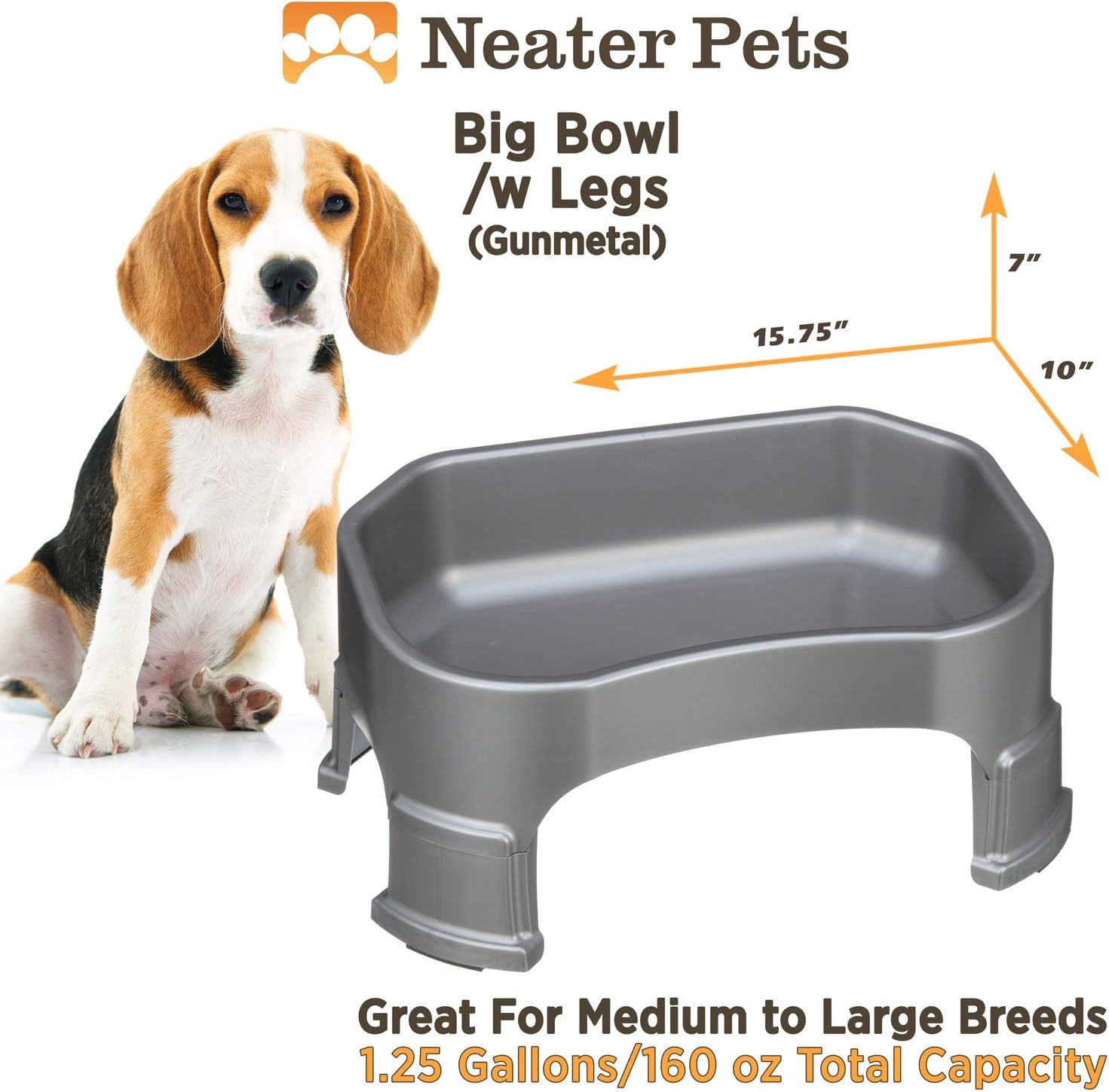 Big Bowl with Leg Extensions Huge Jumbo Trough Style Dog Pet Water Dish (1.25 Gallons, Gunmetal)