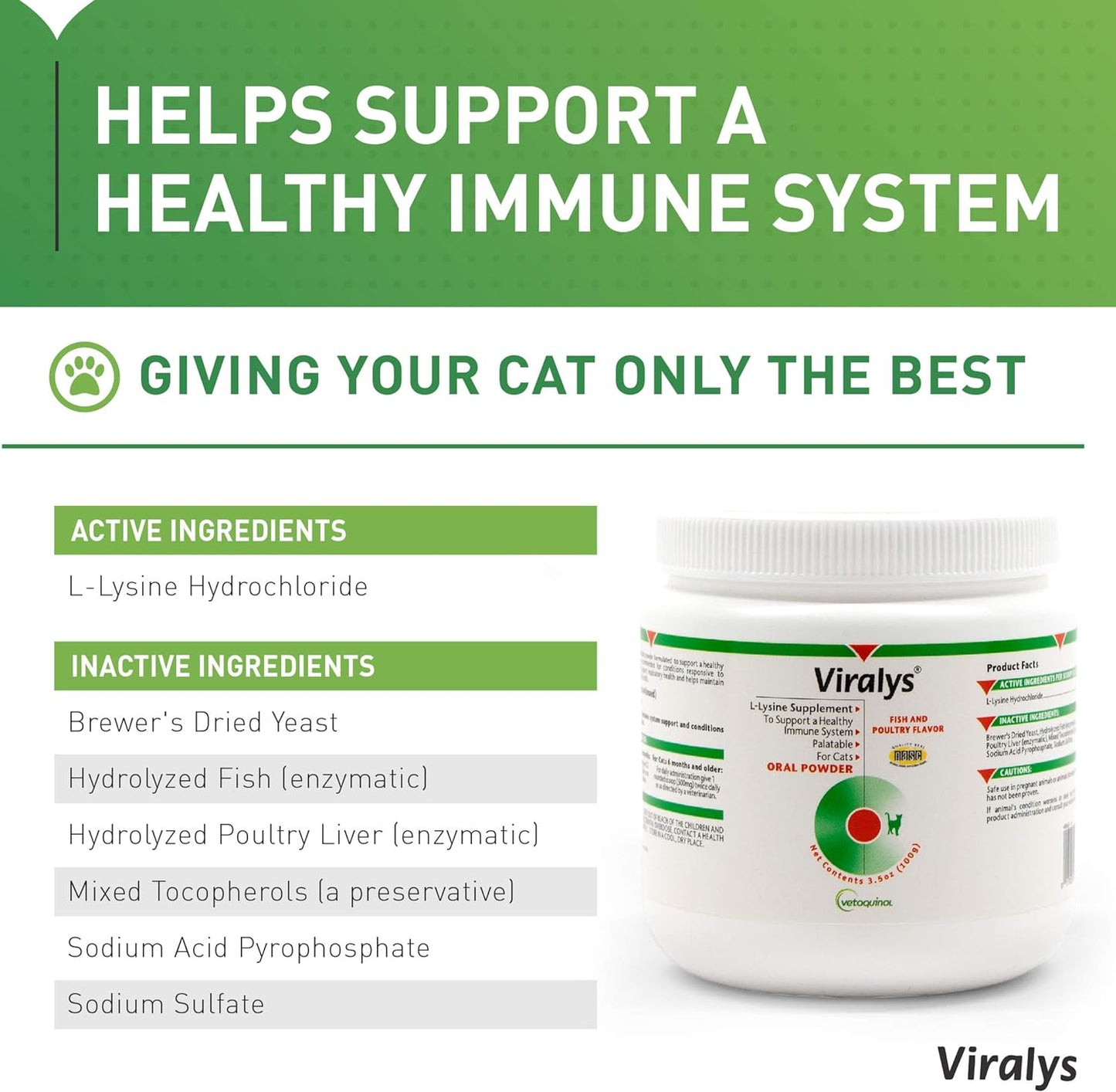 Viralys L-Lysine Supplement for Cats - Cats & Kittens of All Ages - Immune Health - Sneezing, Runny Nose, Squinting, Watery Eyes - Flavored Lysine Powder