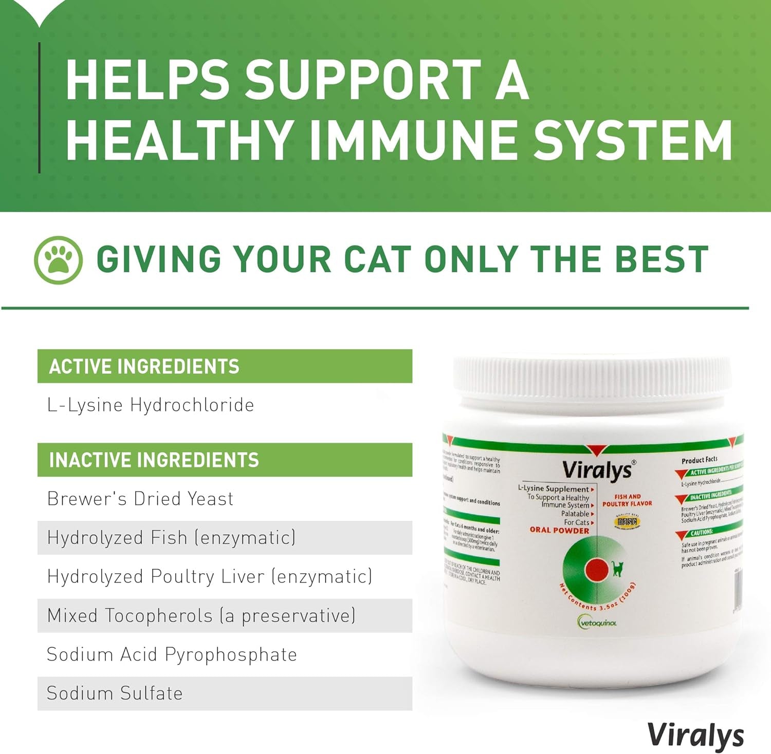 Viralys L-Lysine Supplement for Cats - Cats & Kittens of All Ages - Immune Health - Sneezing, Runny Nose, Squinting, Watery Eyes - Flavored Lysine Powder