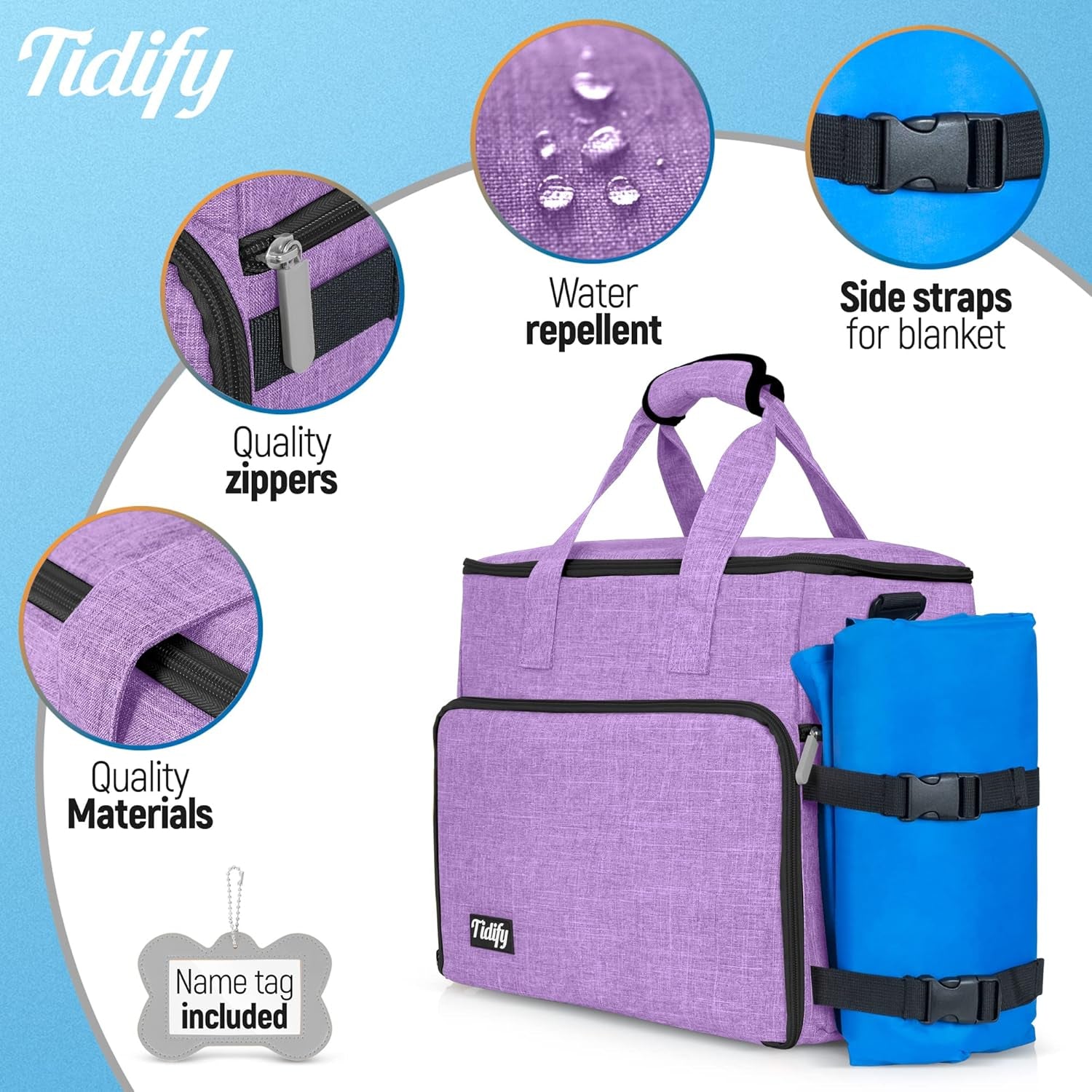 Dog Travel Bag Airline Approved Travel Set for Dog and Cat Tote Organizer with Multi Function Pockets, 2 Food Containers and Collapsible Bowls, Weekend Away Dog Bag for Travel Accessories - Purple