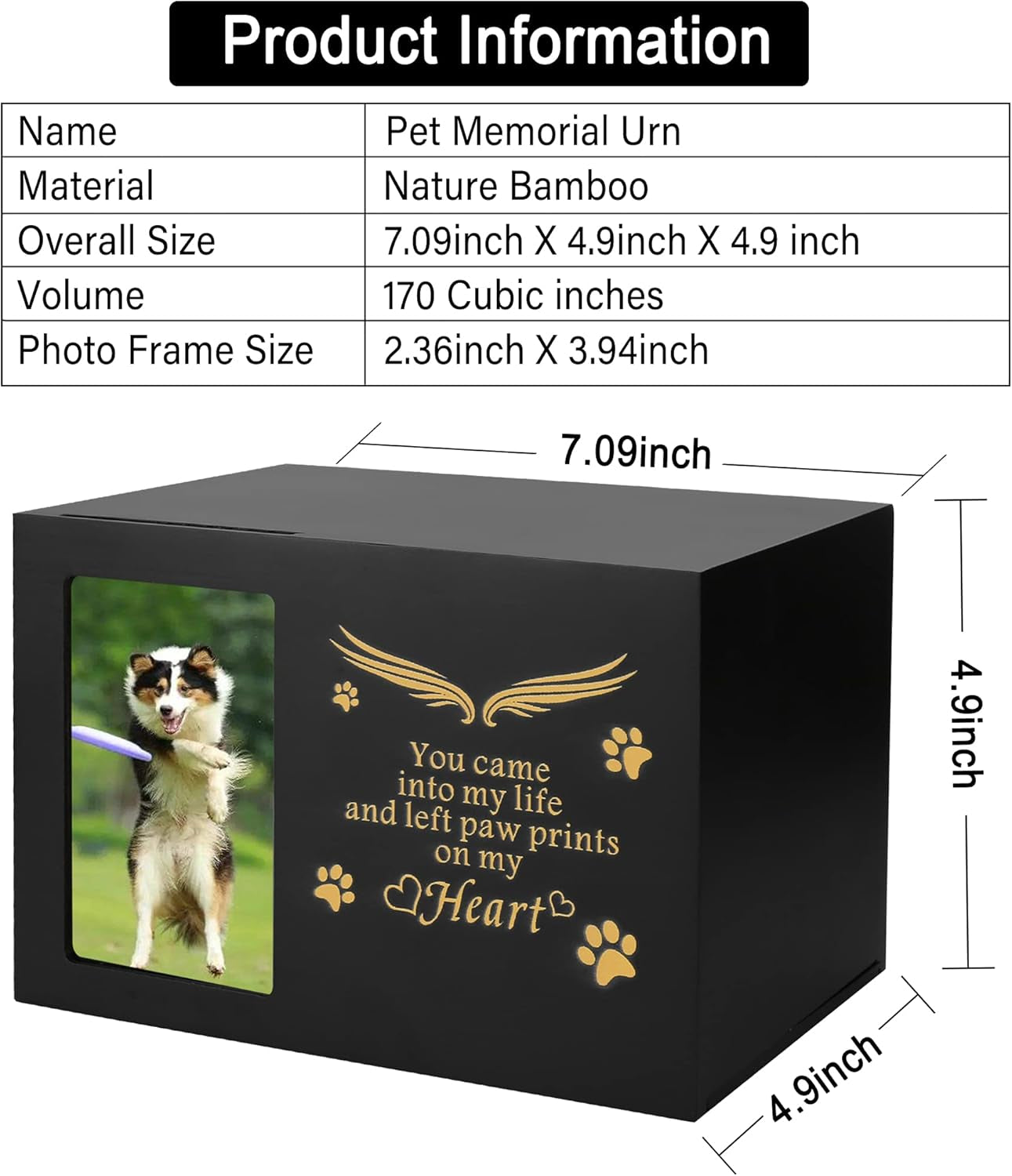 Pet Urns for Dogs or Cats - Dog Keepsake Box, Cremation Urn with Photo Frame, Large Wooden Urn (170 Cubic Inches)