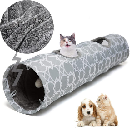 Geometric Straight Cat Tunnel with Plush Inside,Cats Toys Collapsible Tunnel Tube with Balls, for Rabbits, Kittens, Ferrets,Puppy, Diameter 9.8 Inch