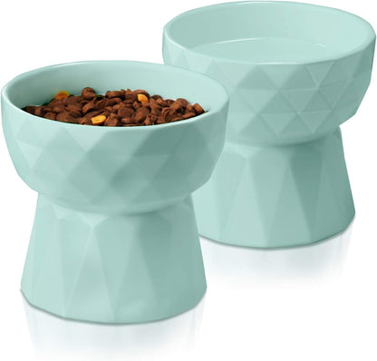 Cat Bowls,Ceramic Cat Bowls anti Vomiting,Raised-Cat Food and Water Bowl Set for Cats and Small Dogs,13.5 Oz,Green