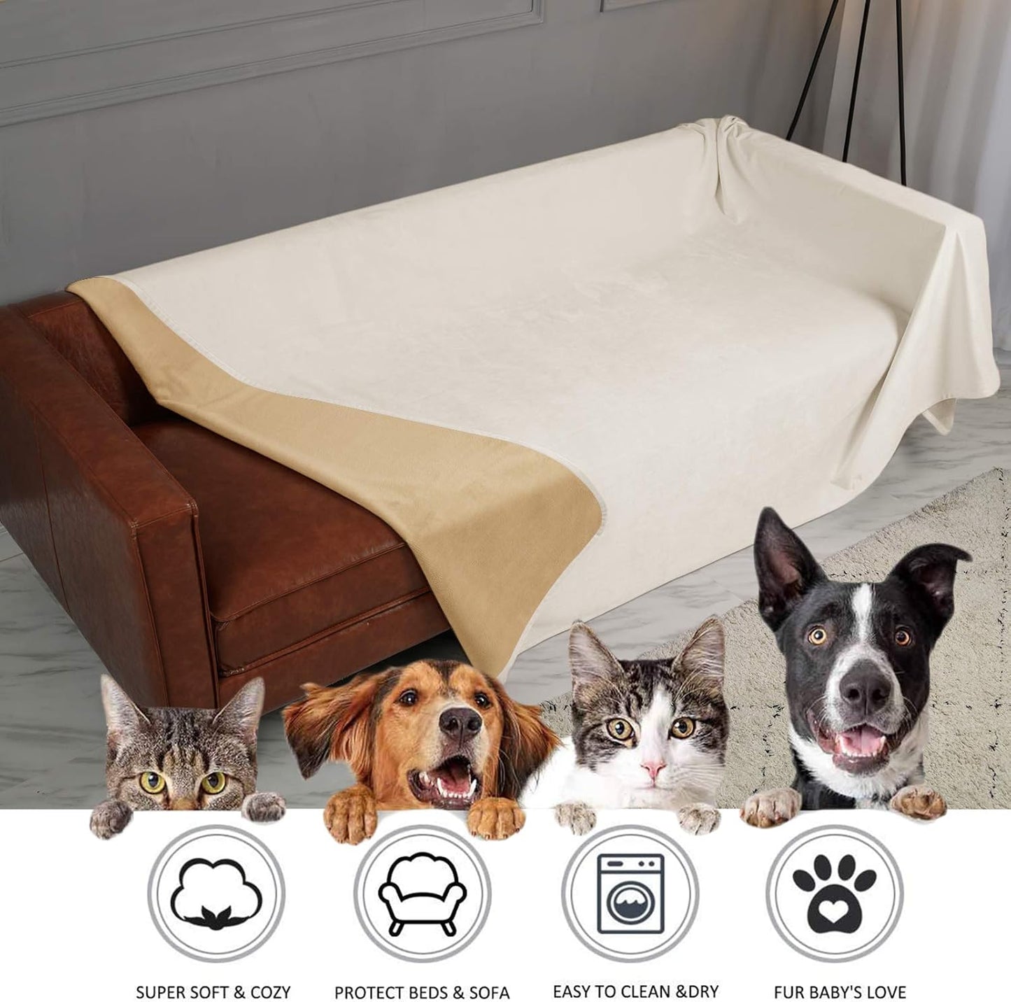 Pet Bed Blanket Reversible 100% Waterproof Velvet Super Soft for Sofa and Bed (40X60 Inches, Cream+Sand)