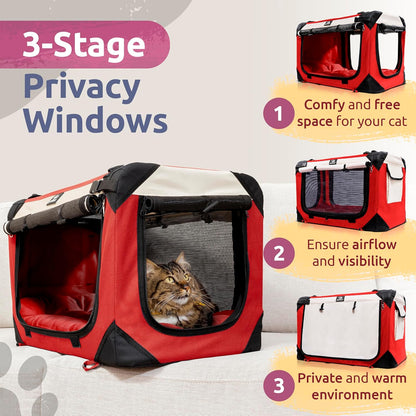 Large Cat & Dog Carrier for 2 Cats or Medium Dogs, Soft-Sided, Collapsible with Locking Zippers, Portable Travel Bag with Soft Bed, Red