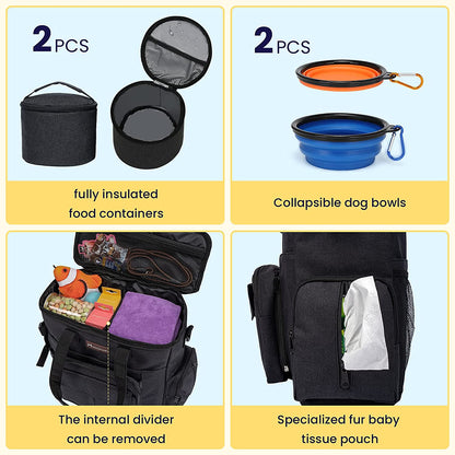 Dog Travel Bag with 2 Collapsible Dog Bowls, 1 Dog Backpack, Airline Approved Pet Travel Bag Organizer for Supplies & Accessories, 2 Travel Dog Food Container, Black