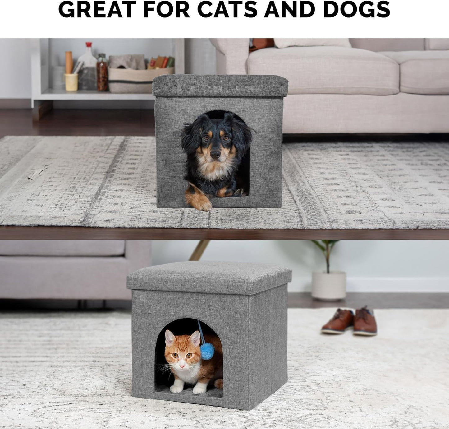 Pet House for Indoor Cats & Small Dogs, Collapsible & Foldable W/ Plush Ball Toy - Living Room Footstool Cat Condo - Stormy Gray, Small