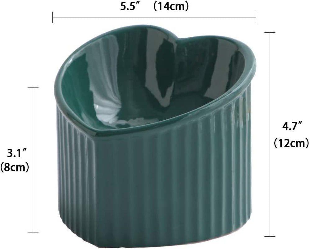 Dark Green Ceramic Raised Cat Bowls, Tilted Elevated Food or Water Bowls, Stress Free, Backflow Prevention, Dishwasher and Microwave Safe, Lead & Cadmium Free