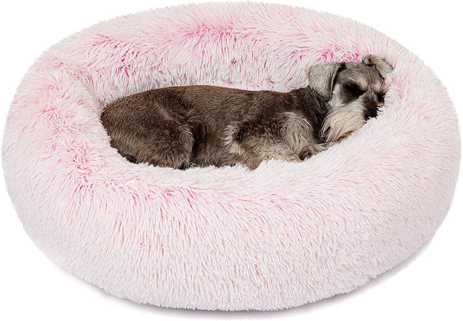 Donut Dog Bed Faux Fur Fluffy Calming Sofa for Medium Dogs, Soft & Plush anti Anxiety Pet Couch for Dogs, Machine Washable Coco Pet Bed with Non-Slip Bottom, 30"X30"X7" Pink